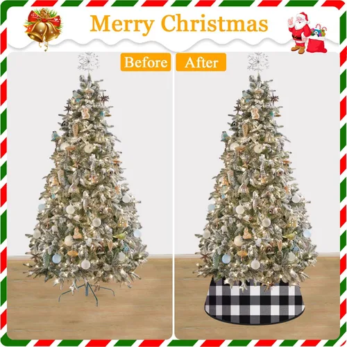 Vista 6 de FANPROMS Collar de árbol de Navidad en blanco y negro de 24 pulgadas, diseño de búfalo a cuadros, bordado de terciopelo, falda de árbol, decoración