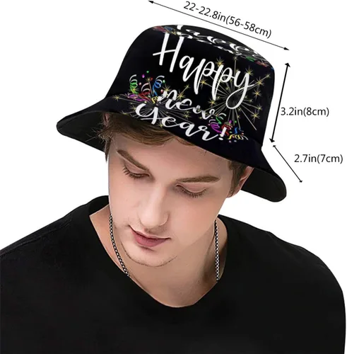 Vista 3 de Sombrero de pescador de feliz año nuevo para hombres, mujeres, adolescentes, plegable, con tema de Año Nuevo, sombreros para el sol, gorra