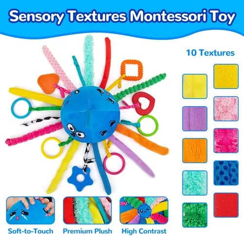 Vista 3 de teytoy Juguete sensorial, juguetes de textura para bebés con sonajero, juguetes sensoriales para autismo, forma de medusa, juguetes sensoriales