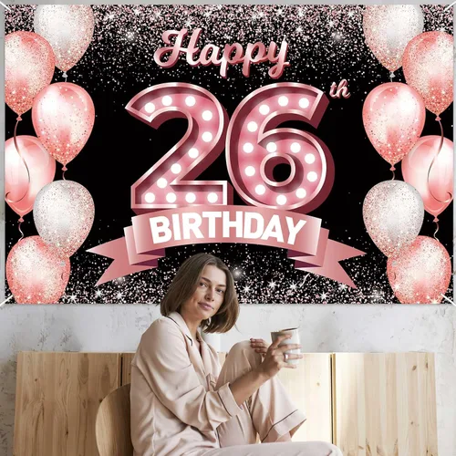 Vista 217 de Cartel de feliz cumpleaños décimo oro rosa, telón de fondo, saludos a 10 años, globos de confeti, decoración temática para niñas de 10 años