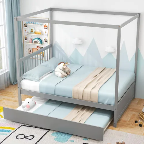 Vista 11 de KOMFOTT Cama de madera de tamaño individual con 2 cajones, marco de cama de madera con almacenamiento en cubos y rieles de valla, plataforma de Gris