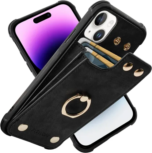 Vista 16 de Funda tipo cartera compatible con iPhone XR/10R con tarjetero de crédito, funda protectora de cuero a prueba de golpes compatible con anillo