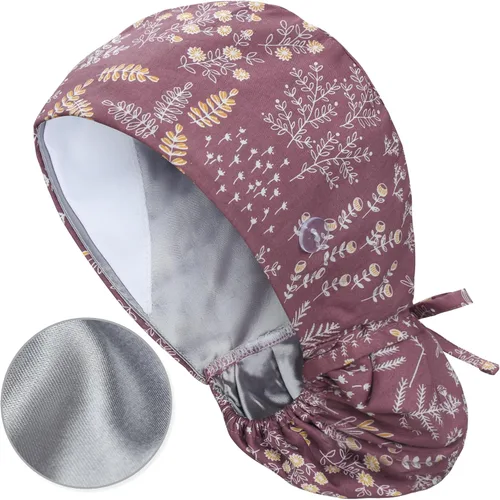 Vista 28 de QBA Gorra de trabajo ajustable con botón, gorro forrado de satén, gorro de trabajo de algodón, banda elástica para atar en la espalda, unisex