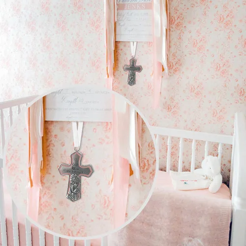 Vista 8 de Decoración de cruz de cuna rosa para bebé niña con cinta