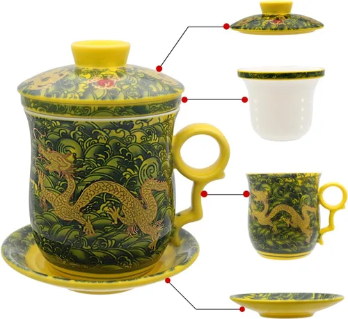 Vista 20 de Taza de té de porcelana con tapa de infusor y juegos de platillos – Taza de café de cerámica china Jingdezhen Taza de té de hoja suelta Sistema