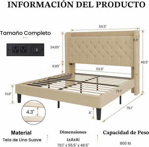 Vista 2 de SHA CERLIN Base de cama de plataforma de tamaño matrimonial con estación de carga, cabecera de lino con estante de almacenamiento, soporte