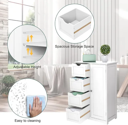 Vista 3 de Bonnlo Armario de almacenamiento pequeño de madera para baño, muebles de espacio pequeño, organizador de almacenamiento lateral blanco con 4 cajones