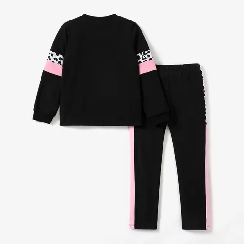 Vista 3 de PATPAT Conjunto de 2 piezas para niñas, camiseta de bloque de color de leopardo, camiseta de cuello redondo, leggings negros, pantalones deportivos