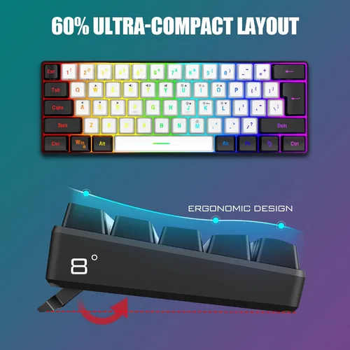 Vista 3 de RedThunder Combo de teclado y mouse 60% para juegos, mini teclado ultra compacto con retroiluminación RGB de 61 teclas, mouse óptico ligero de 7200