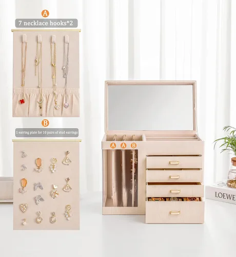 Vista 4 de GUKA Joyero organizador con espejo, caja de joyería de 5 capas con 4 cajones para collares, pulseras, reloj, anillos y aretes, almacenamiento grande