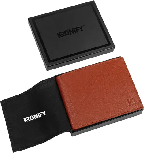Vista 7 de KRONIFY Men's Leather Wallet RFID Blocking Bifold Trifold Wallet Landscape Format Coin Pocket 13 Card Slots Reinforced Seam Gift Box Included