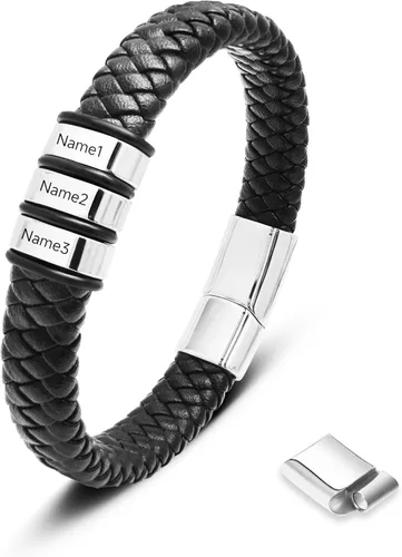 Vista 11 de Pulsera personalizada para hombre con cuentas de nombre personalizadas, pulsera de cuero trenzado personalizada grabada con 2-6 nombres