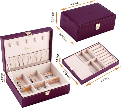 Vista 6 de Voova - Joyero organizador para mujeres y niñas, 2 capas de almacenamiento de joyas grandes para hombres, soporte para joyas de piel sintética