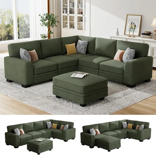 Vista 15 de Legend Vansen Sofá modular de gran tamaño, sofá reversible en forma de U con otomana, sofá de pana de asiento profundo para sala de estar, 6 plazas