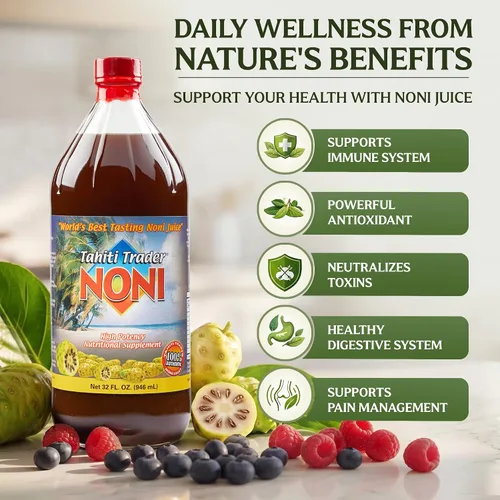 Vista 2 de Tahiti Trader Jugo original de noni de alta potencia, jugo de fruta puro de noni con arándanos y frambuesa, superalimento antioxidante orgánico que