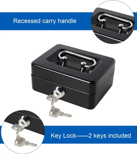Vista 4 de Caja de dinero pequeña con bandeja de dinero y cerradura, caja de dinero de metal para efectivo, caja de seguridad XXS, color negro