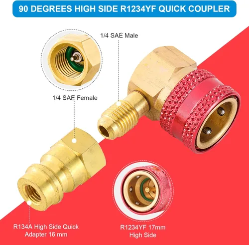 Vista 3 de Adaptador R1234YF a R134A, 90 grados R134a a R1234yf Adaptadores Laterales de alta y baja presión Kit de acopladores rápidos R1234yf, adaptadores