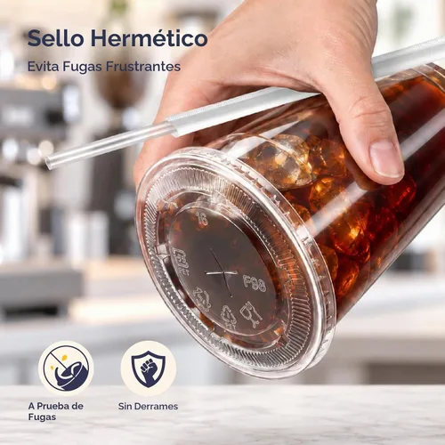 Vista 3 de Fit Meal Prep Paquete de 100 Vasos de Plástico para Café Helado de 9 oz con Tapas Planas y Pajitas Transparentes, Vaso Transparente Desechable, Vaso