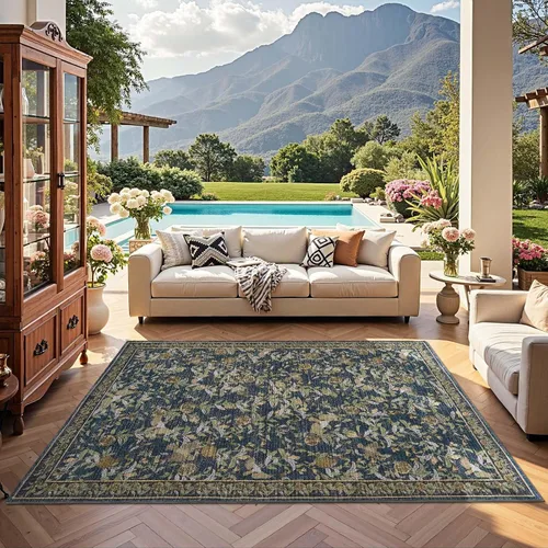 Vista 25 de jinchan Alfombra de entrada lavable vintage floral de medio círculo de 2 x Eden Azul/Verde