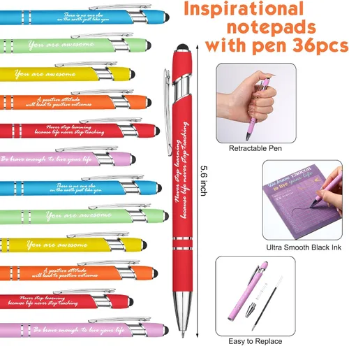 Vista 4 de Outus Juego de 72 Piezas de Regalo Inspiracional, Blocs de Notas Motivacionales con Bolígrafos, Lindas Notas Adhesivas, Bolígrafos Positivos