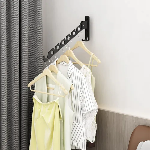 Vista 6 de Tendedero de Pared para Secar Ropa, Colgador de Ropa de Pared Plegable, Gancho Colgador de Lavandería para Baño, Perchero de Pared Interior Negro