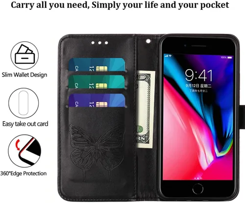Vista 9 de Funda tipo cartera para iPhone 6/6S/7/8/SE 2022/SE 2020 (negro) Butterfly Floral Embossed Pattern, Wrist Strap, PU Leather, Card Holder Slots