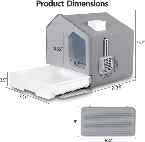 Vista 6 de LEMY Caja de arena grande cerrada para gatos, caja de arena gris con alfombrilla y cuchara de arena para gatos, inodoro inodoro inodoro