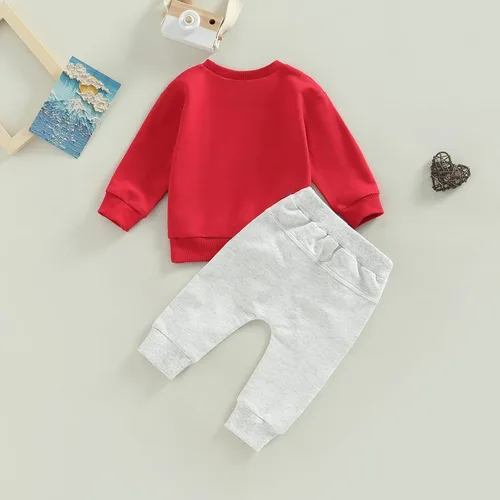 Vista 72 de Conjunto de 2 piezas de ropa para bebé y niño, sudadera con cuello redondo con letras y pantalones casuales de otoño e invierno B Negro-marrón