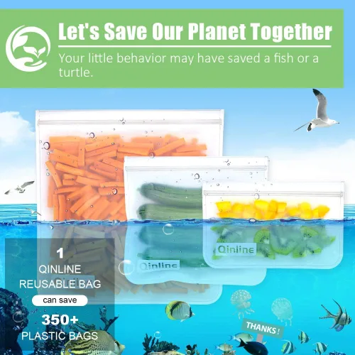 Vista 8 de Qinline Bolsas reutilizables para guardar alimentos - paquete de 24 bolsas aptas para lavavajillas, bolsas reutilizables libres de BPA