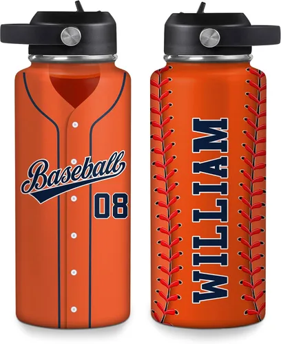 Vista 10 de Hyturtle Botella de agua de béisbol personalizada, botella de acero inoxidable aislada de viaje con tapa a prueba de fugas, 18 onzas, 32 onzas