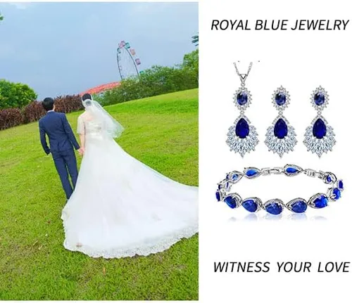 Vista 4 de conjunto de joyas de forma de gota de agua conjunto de collar de pulsera de cristal azul real pendientes para mujeres
