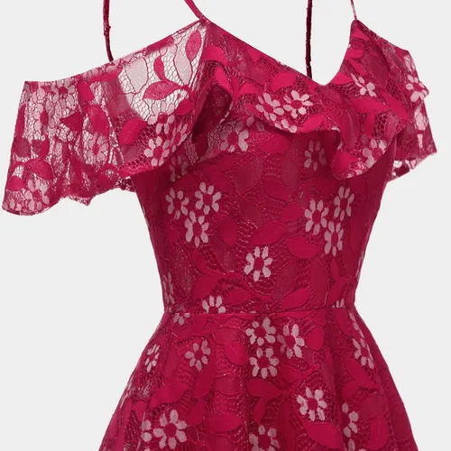 Vista 5 de Women's Cold Shoulder Dresses Floral Lace Pleated Dress Ruffle Sleeve Knee Length Dresses Formal Evening Party Prom Gown