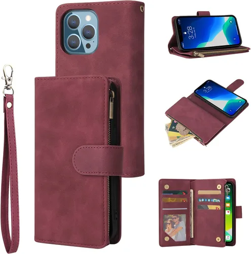 Vista 14 de UEEBAI Funda tipo cartera para iPhone 13 Pro Max, funda de piel sintética con cierre magnético, bolsillo con cremallera, ranuras para tarjetas