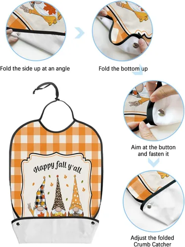 Vista 6 de QueenKer Funny Adult Bibs for Eating, Happy Fall Y'All Gnome Orange Plaid Waterproof Clothing Protector Washable Adult Bib with Crumb Catcher for