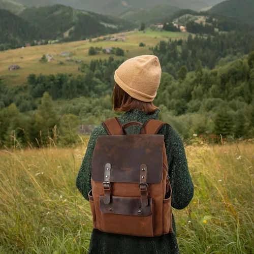 Vista 2 de Modoker Mochila de lona encerada, mochila de cuero para hombres y mujeres, mochila vintage de viaje para laptop de 15.6 pulgadas, mochila retro