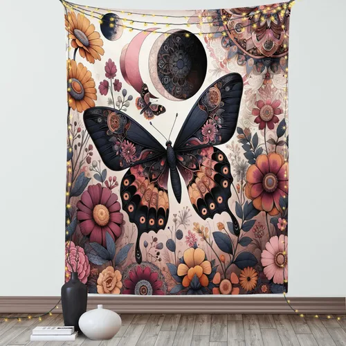 Vista 10 de Ambesonne Tapiz bohemio, diseño floral de bruja, luna y mariposa con adornos de mandala, decoración de tela para colgar en la pared para dormitorio