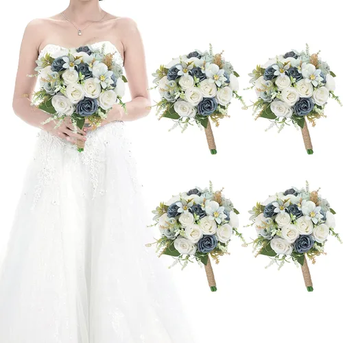 Vista 8 de Ramos para dama de honor para boda - Ramo de flores artificiales de 7 pulgadas para fiesta, ceremonia, aniversario, centros de mesa para mesa de Azul