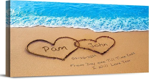 Vista 13 de Corazón y corazón en hermoso amanecer fotos personalizadas únicas o impresiones en lienzo con nombres de pareja y fecha especial en la playa, regalo