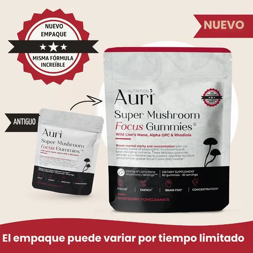 Vista 2 de Auri Nutrition Super Mushroom Focus Gummies con melena de león, Alpha GPC y Rhodiola - Suplemento de hongos para apoyar la función cognitiva