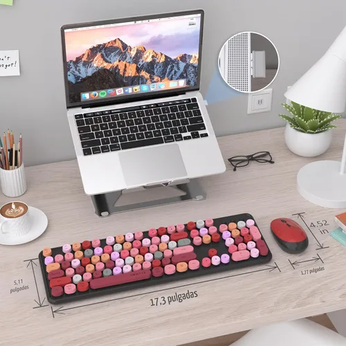 Vista 6 de UBOTIE Teclado inalámbrico colorido para computadora y mouse óptico, teclas flexibles, teclado de tamaño completo de oficina, conexión sin
