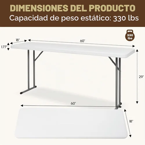 Vista 3 de Mesa plegable de 5 pies, estrecha, portátil, de plástico, resistente, mesa de seminario rectangular de polietileno de alta densidad con asa