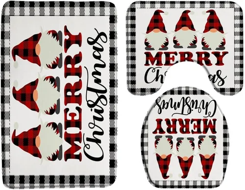Vista 12 de GCTNBJL Juego de 3 alfombrillas de baño para árbol de Navidad, diseño de copo de nieve, rojo, gris, dibujos animados, invierno, vacaciones, baño