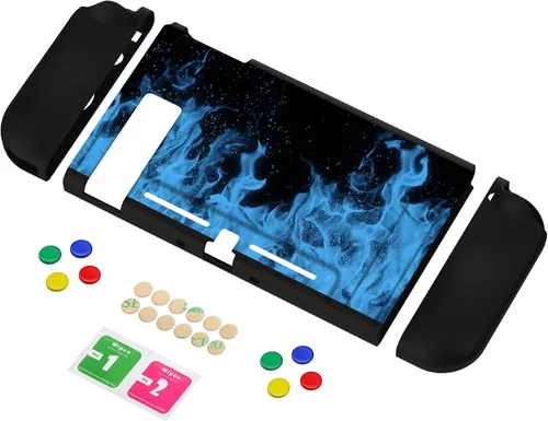 Vista 2 de PlayVital Funda protectora de llama azul para Nintendo Switch, funda delgada de TPU suave para consola Nintendo Switch Joycon con coloridos botones