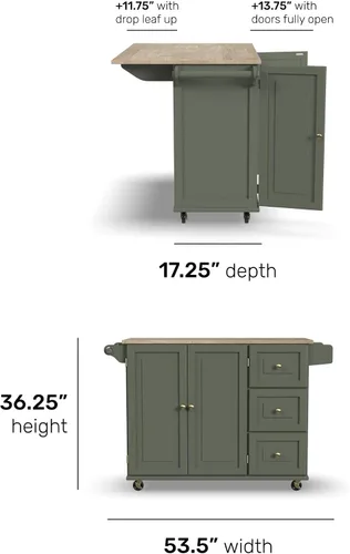 Vista 7 de Homestyles Carrito móvil de isla de cocina con parte superior de madera y barra de desayuno con hoja desplegable, 18" de profundidad x 53.5" de Verde