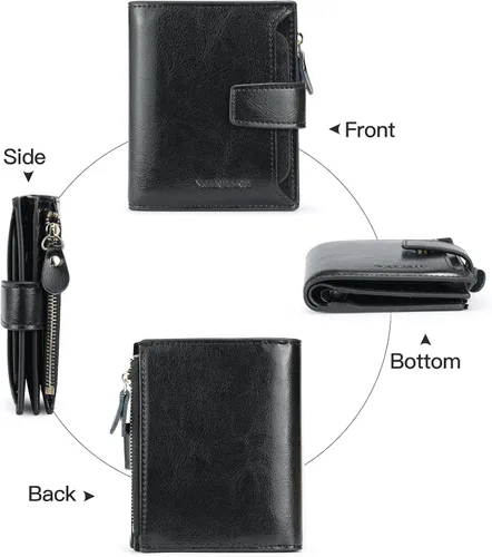 Vista 5 de MANBANG Billeteras de cuero para mujer, con bloqueo RFID, pequeña, plegable, con cremallera, bolsillo para tarjetas, con ventana de identificación