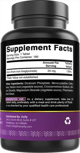 Vista 5 de Oxify Hierro 25 mg 180 comprimidos Sin gluten, sin OMG Suplemento fabricado en Estados Unidos