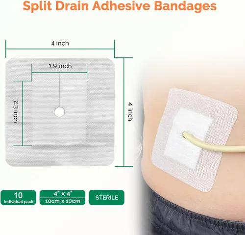 Vista 2 de Tiras adhesivas de drenaje divididas 10 x 10 cm 10 piezas Apósitos para tubo de alimentación de catéter PD Almohadillas para tubo G Cubiertas