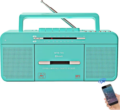 Vista 11 de Boombox portátil estilo retro clásico de los años 80 con reproductor grabador de casete, radio AM/FM/SW1/SW2, Bluetooth, ranuras USB/Micro SD
