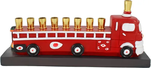 Vista 7 de Menorá coleccionable de camión de bomberos 3D con perro de fuego dálmata esculpido e hidrent Hanukkiah se adapta a velas estándar de Hanukkah