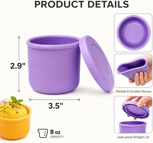 Vista 2 de 6 tazas de helado caseras de silicona, recipientes pequeños de 8 onzas con tapas, recipientes reutilizables para congelador, aptos para lavavajillas
